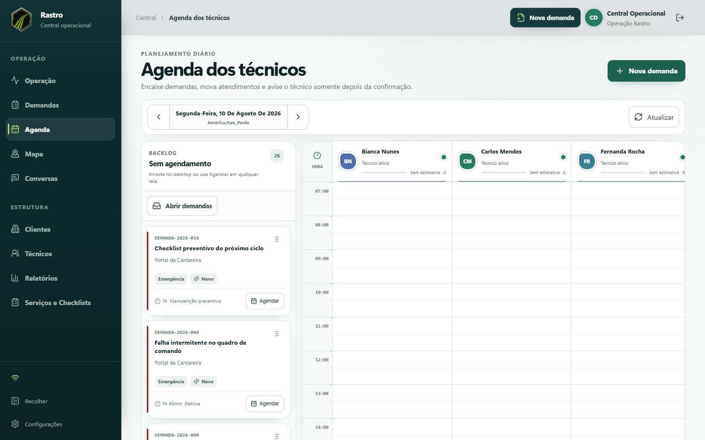 Agenda dos técnicos na Central Rastro