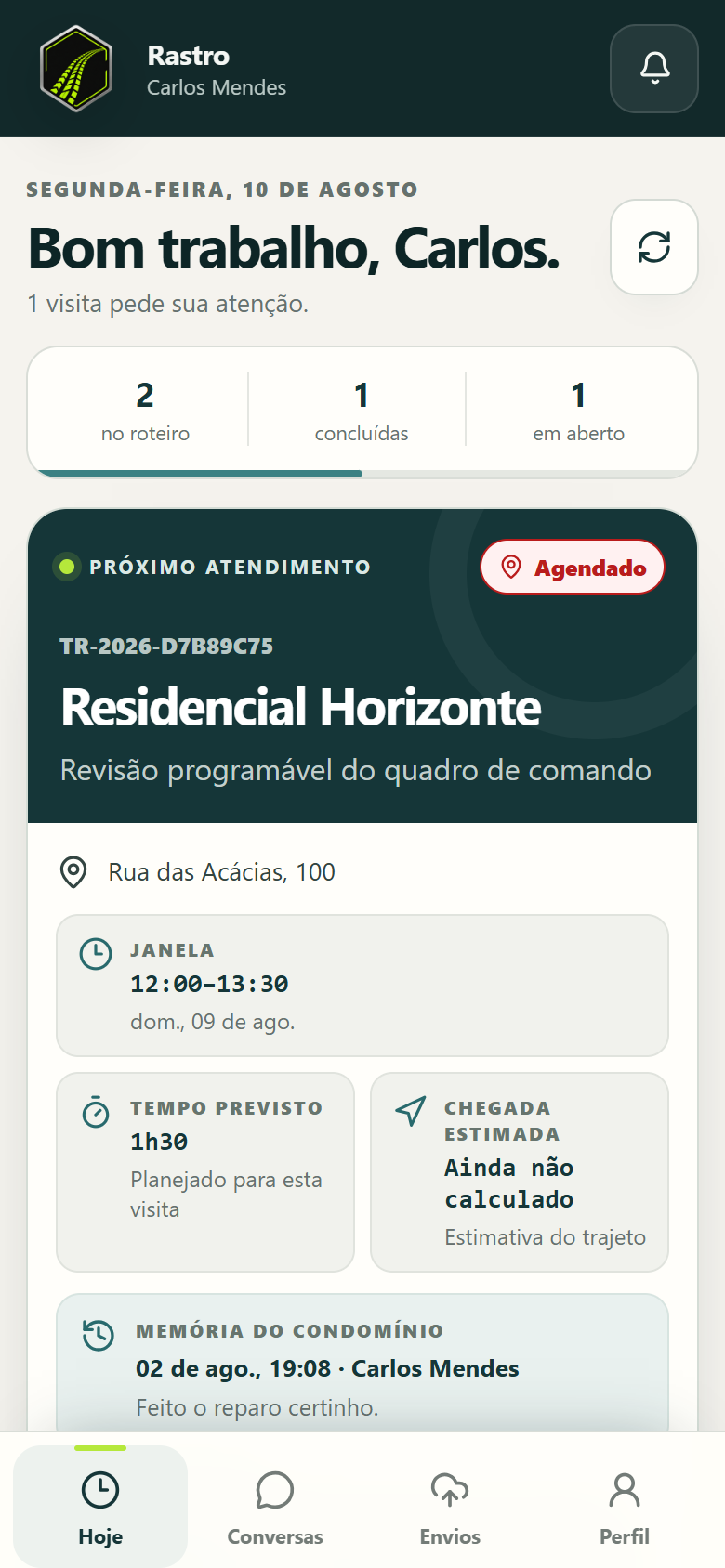 Agenda diária no aplicativo Rastro